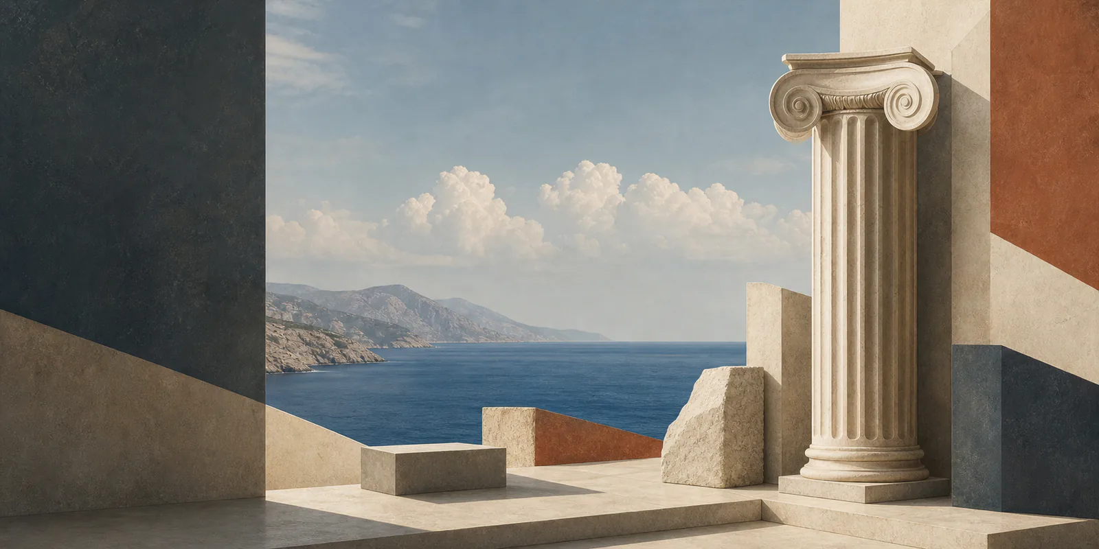 Abstract Ionian column terrace opening toward the sea